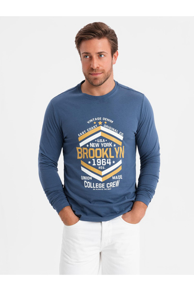 OMBRE Pánské tričko s dlouhým rukávem ve vysokoškolském stylu s potiskem - modré V2 OM-LSPT-0117 M