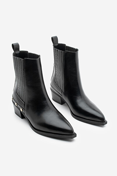 Marjin Women's Pointed Toe Chelsea Double Elastic Trock Studded Heeled Boots Alura Black