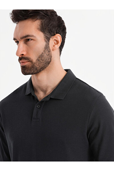 OMBRE Ανδρικό πόλο με γιακά BASIC μακρυμάνικο - μαύρο V2 OM-POBL-0114 M