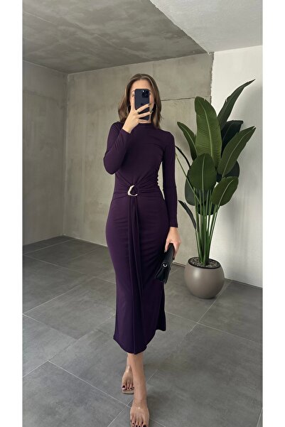 asfamoda Kadın Mor Zr Model Bisiklet Yaka Aksesuarlı Kuşaklı Midi Boy Candy Elbise