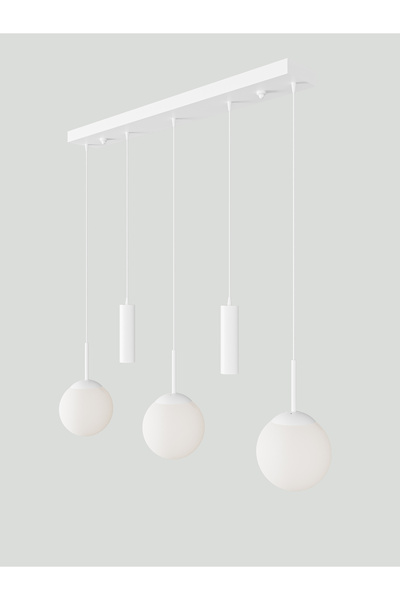 avizade NARA Beyaz Metal Gövdeli 5'li Modern Sıralı Sarkıt Avize- 2 Spot Led 3 Beyaz Cam Küre Avize