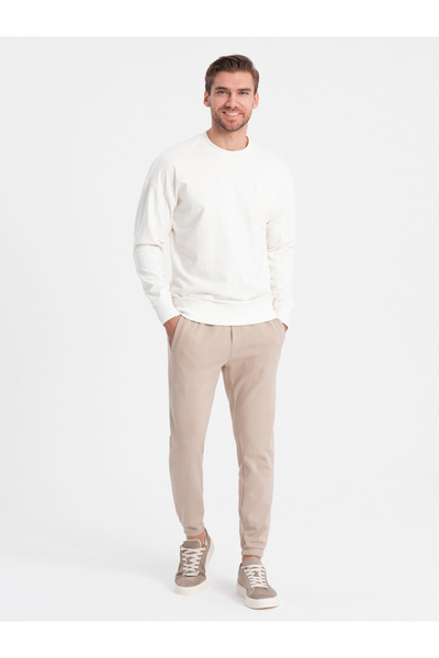 OMBRE Pánské tepláky CARROT se strukturovaným úpletem - béžové V2 OM-PASK-0143