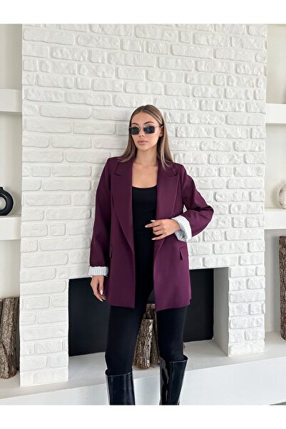 Femistik Women's Pocket Detailed Buttonless Premium Blazer Plum Jacket