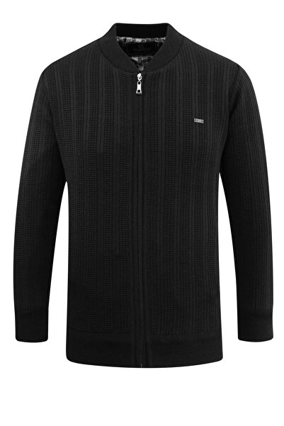 Çizgi Triko Men's Plus Size Lined Knitwear Coat with High Collar, Steel Knit Pattern, Classic Fit - 5209Tb