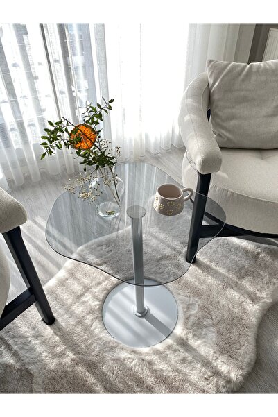 MONEayna WİCCİ Dekoratif Füme Cam Beyaz Zigon Yan Sehpa