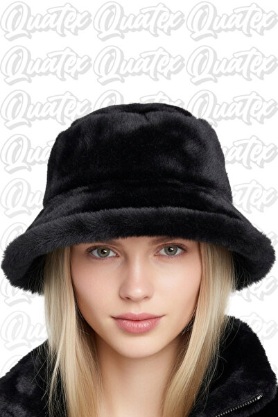 QUATEX Plush Winter Bucket Hat - Black 100% Plush Fabric Unisex Model