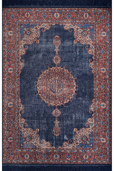 ARTLOOP Blues Şönil Vintage Desenli Dokuma Taban Dekoratif Lacivert Mutfak, S...