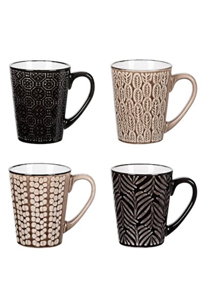 SHOPIENS Set 4 căni ceramice, maro cu modele Shopiens®, 350 ml