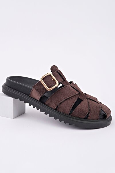 meyra'nın ayakkabıları Γυναικείες παντόφλες με λεπτομέρεια με αγκράφα, καφέ χρώμα, εισαγωγής