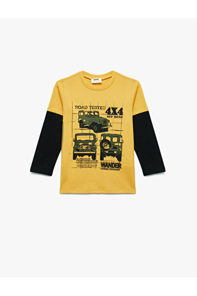 Koton Μπλουζάκι από βαμβακερό μακρυμάνικο μπλουζάκι με λαιμόκοψη με στάμπα αυτοκινήτου