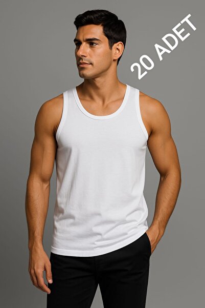 enmodaiçgiyim White 20-Pack 100% Cotton Combed Classic Tank Top for Men – Breathable, Comfortable Fit, Casual