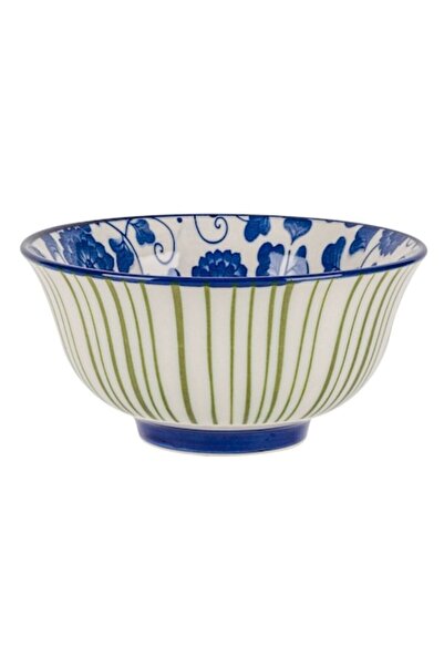 SHOPIENS Ceramic serving bowl Shopiens®, white with blue flowers inside and green stripes, round, 250 ml