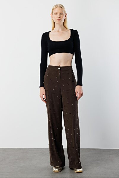 Moda İlgi Modailgi Yüksel Bel Yandan Cepli İnci Detaylı Plazzo Pantolon - 15041 Kahve