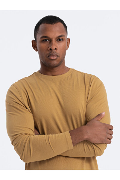 OMBRE Ανδρικό μακρυμάνικο BASIC με στρογγυλή λαιμόκοψη - μουσταρδί V10 OM-LSBL-0106 XXL