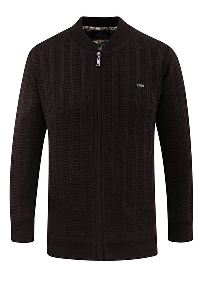 Çizgi Triko Men's Plus Size Lined Knitwear Coat with High Collar, Steel Knit Pattern, Classic Fit - 5209Tb