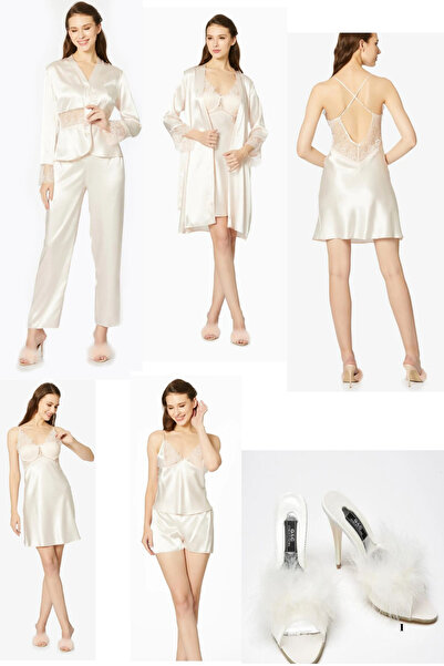 Mavelle İnci 6-Piece Bridal Dowry Set Satin Nightgown Dressing Gown Shorts Set Pajama Set with Slippers Gift