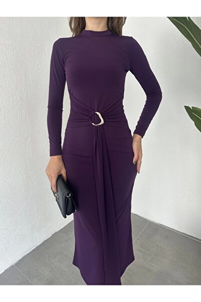 asfamoda Kadın Mor Zr Model Bisiklet Yaka Aksesuarlı Kuşaklı Midi Boy Candy Elbise