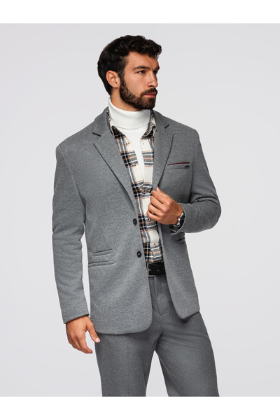 OMBRE Pánská pletená bunda s přiléhavým střihem - světle šedá V2 OM-BLZB-0100 S