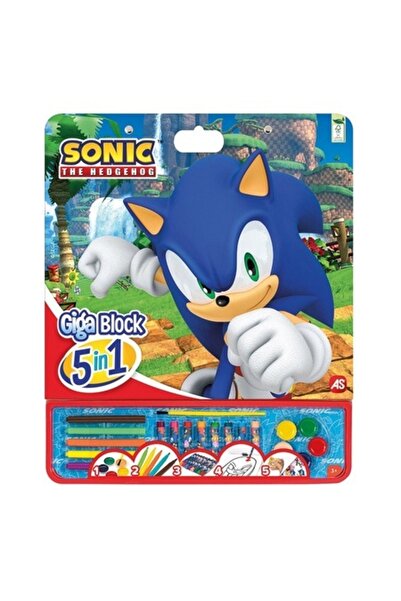 SHOPIENS Set de Colorat Giga Block Sonic 5in1, 25 File, Acuarele, Carioci, Creioane si Autocolante, 35x42 cm,