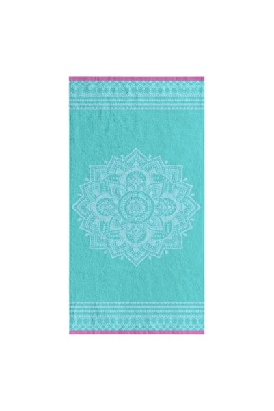 SHOPIENS Beach Towel Shopiens® Cotton, Turquoise with Mandala Pattern and Fuchsia Border, 75 x 150 cm
