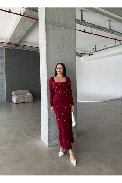 maf collection Kadın Bordo İnci Detay Maxi Boy Abiye Mezuniyet Elbisesi