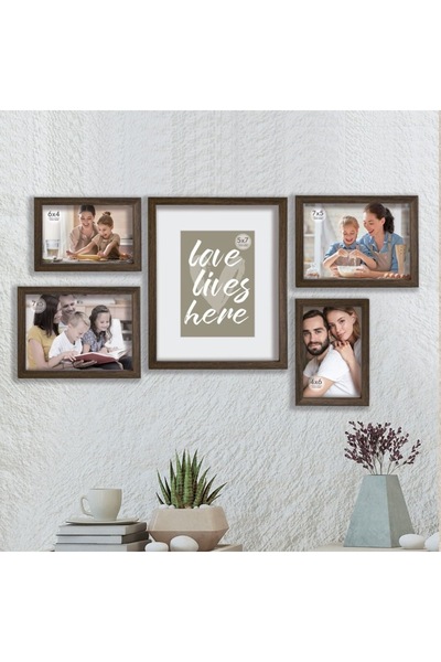 SHOPIENS Set 5 Wooden Photo Frames Brown Black 3 Sizes with 'Love Lives Here' Message