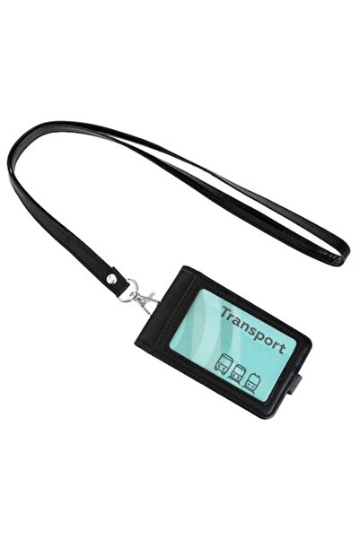 SHOPIENS Ecuson Legitimatie Negru, 10x7 cm, cu 4 Huse Interioare, Clips de Inchidere si Curea 44 cm