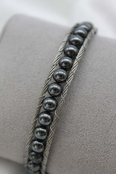 Nenya Steel Lock Hematite Natural Stone and Steel Rope Braided Men's Bracelet