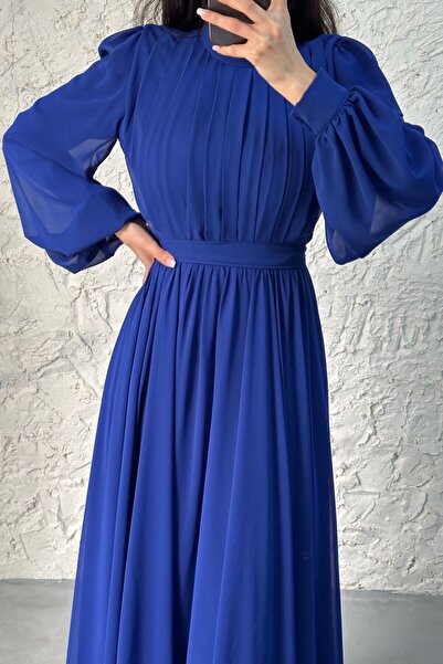 leyuze Önü Kısa Arkası Uzun Şifon Tesettür Abiye Saks Mavisi