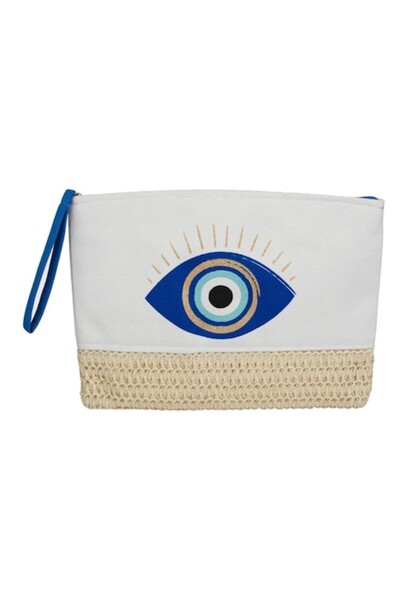 SHOPIENS Καλοκαιρινή υφασμάτινη Τσάντα μακιγιάζ, λευκή με μπεζ βάση και χρυσέ...