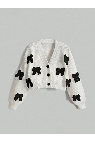 banessa White Women's Cardigan with Black Ribbon Detail