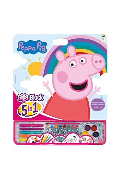 SHOPIENS Set Giga Block de Colorat Peppa 5in1, 25 File, Acuarele, Markere, Creioane si Autocolante, 42x35 cm,