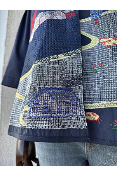 BEYZA ŞENİL BUTİK Вишита сорочка з віскози - темно-синя