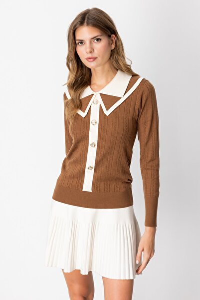 ON Çift Yaka Düğme Detaylı Triko Kazak