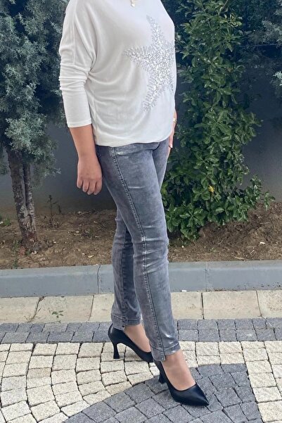 Mia Butik Women's Dark Gray Denim Pants with Foil Detail