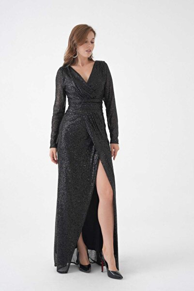 CİXAPLE Βραδινό φόρεμα με διπλό στήθος και μακρύ μανίκι με παγιέτες