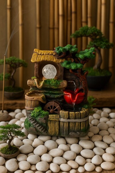 Deco Elit Rustik Köy Evi Temalı LED Işıklı Su Değirmeni Dekoratif Şelale- E