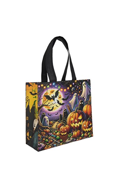 OEM Black Purple PP Bag with Halloween Pumpkin Ghost & Bat Pattern 22x10x21.5cm