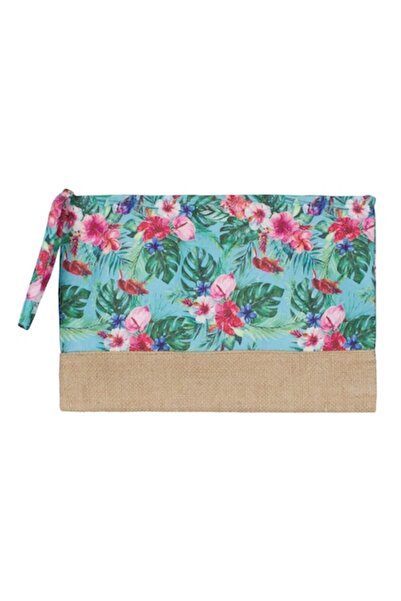 SHOPIENS Summer cosmetic bag Shopiens®, turquois floral textile with zipper and handle, 32 x 22 cm