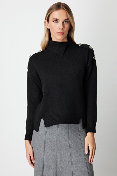 ON Asymmetrical Cut Collar Button Detailed Sweater