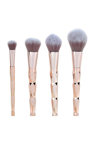 SHOPIENS Set 4 Pensule Machiaj Fard Obraz Concealer Manere Sculptate Roz Aurii