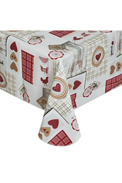 MYONNA IT & E- COMMERCE Beige Plasticized Tablecloth with Red Hearts and Roosters, 180x140 cm