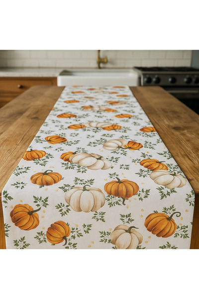 Balkabağı Desenli Duck Kumaş Masa Runner – 40×140 cm | Sonbahar Temalı Rustik Sofra Aksesuarı