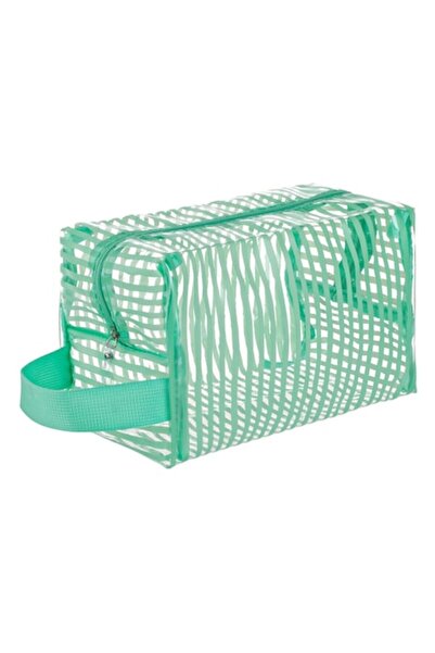 SHOPIENS Лятна козметична чантичка, прозрачна с ментово зелени ивици и дръжка