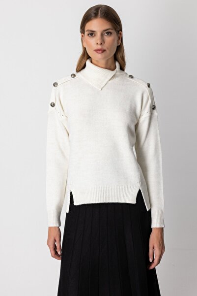 ON Asymmetrical Cut Collar Button Detailed Sweater