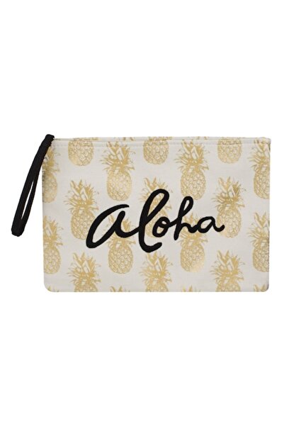 SHOPIENS Summer Cosmetic Bag - Ecru with Golden Pineapple Pattern and Black E...