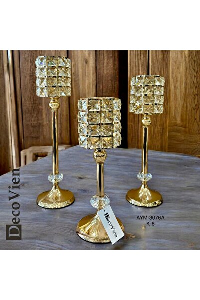 decovien 3'lü kristal şamdan 39-33-27 cm