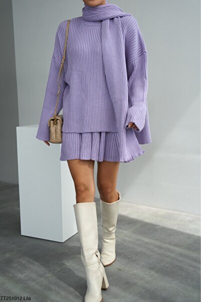 CADDELAMODA Kadın Yarım Balıkçı Yaka Şal Aksesuarlı Kazak Piliseli Etek Triko Takım🕊️