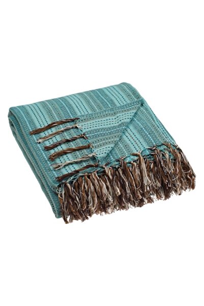 SHOPIENS Decorative Turquoise Cover Shopiens® with Brown Stripes and Fringes for Three-Seater Sofa, Summer M