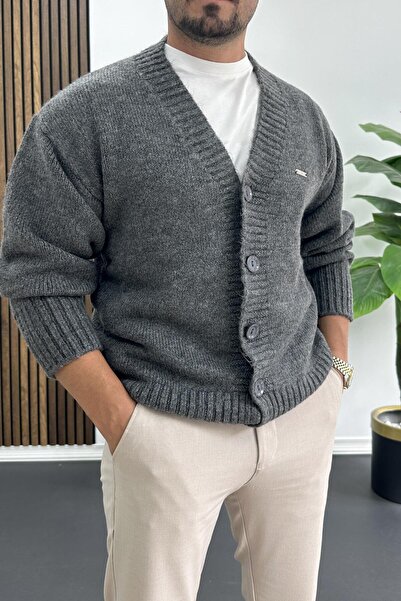 Edwox Men's Buttoned Relaxed Fit Cardigan Anthracite Edw416